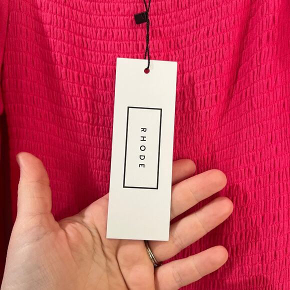 NWT Rhode Resort Harper Printed Smocked Midi Dress Size M Hot Pink Puff Sleeves - Picture 5 of 11